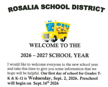 image of yellow school bus with text explaining the start of school for TK-12 is Sept 2, 2026 and Preschool starts on Sept 16, 2026